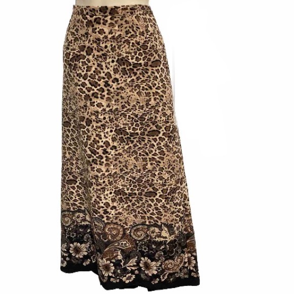 KIM ROGERS Signature Cheetah Leopard Floral Maxi Skirt Zip Back Womens Large - Picture 1 of 14